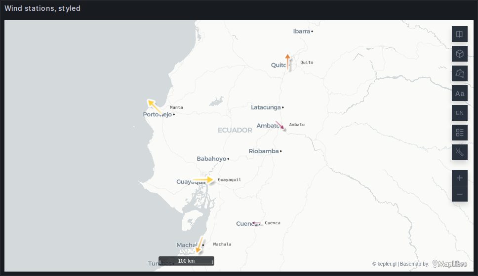 A symbol layer over Ecuador: weather stations drawn as labelled arrows, each turned to its own wind direction, coloured and sized by wind speed, with an outline and a drop shadow over a light base map