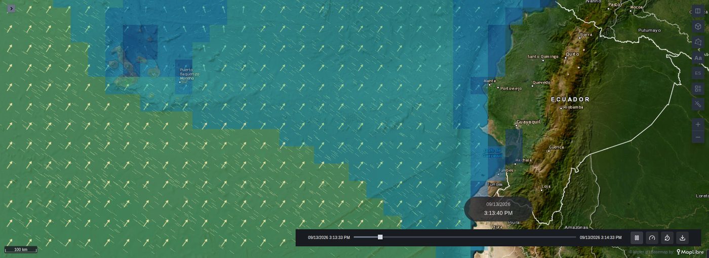 Arrows on a screen grid over the swell off the coast of Ecuador, drawn on top of the same field's streamlines