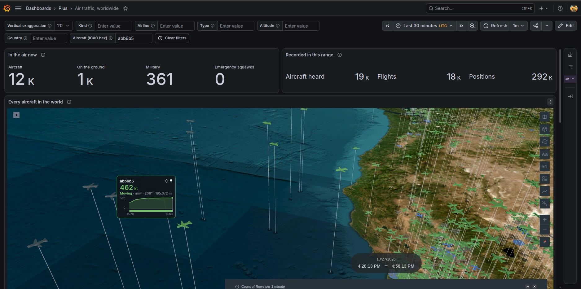 Every aircraft in the world as 3D models over the terrain, each with its altitude line, one with its speed card