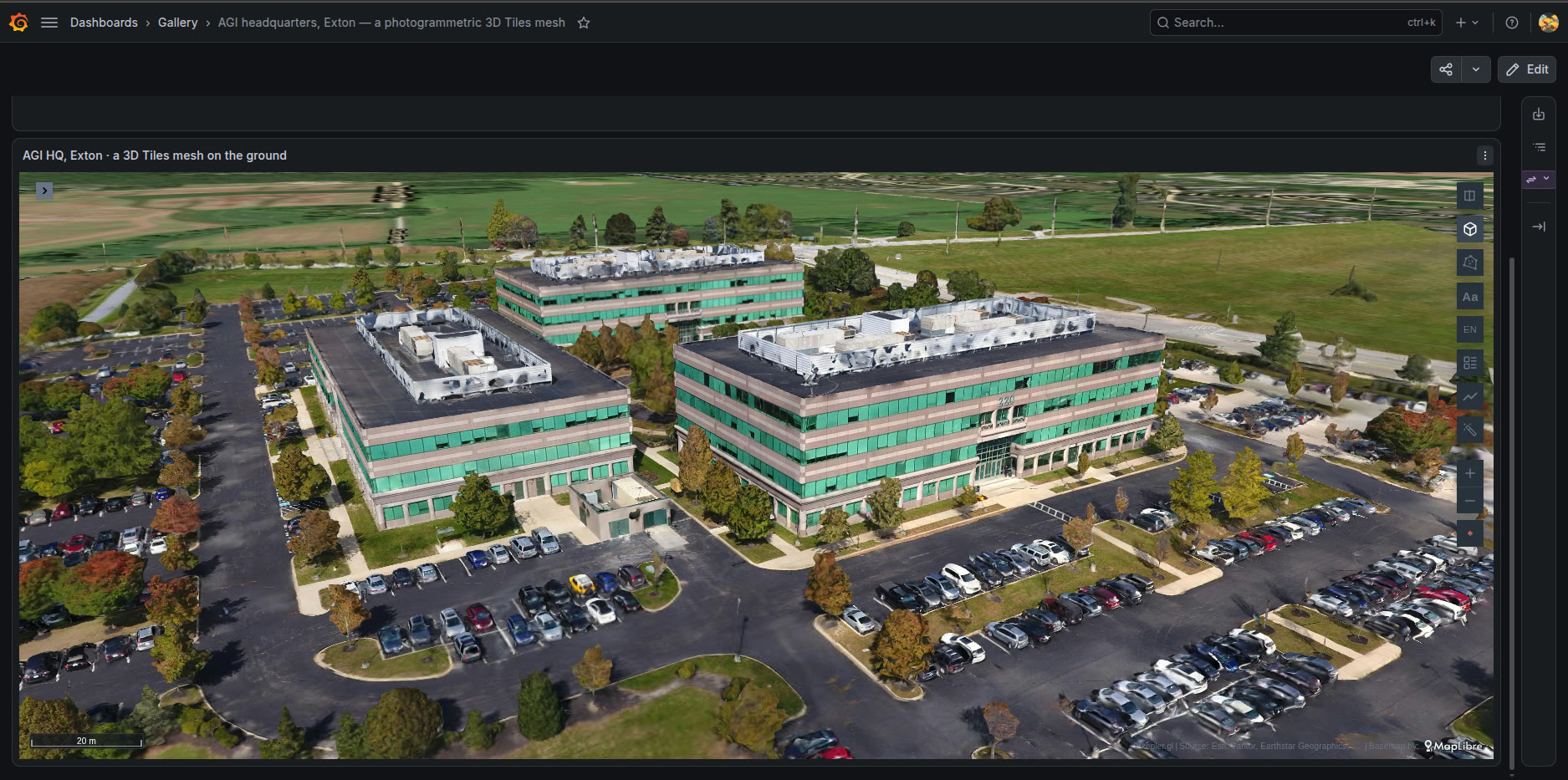 A photogrammetric 3D Tiles mesh of an office campus on the ground