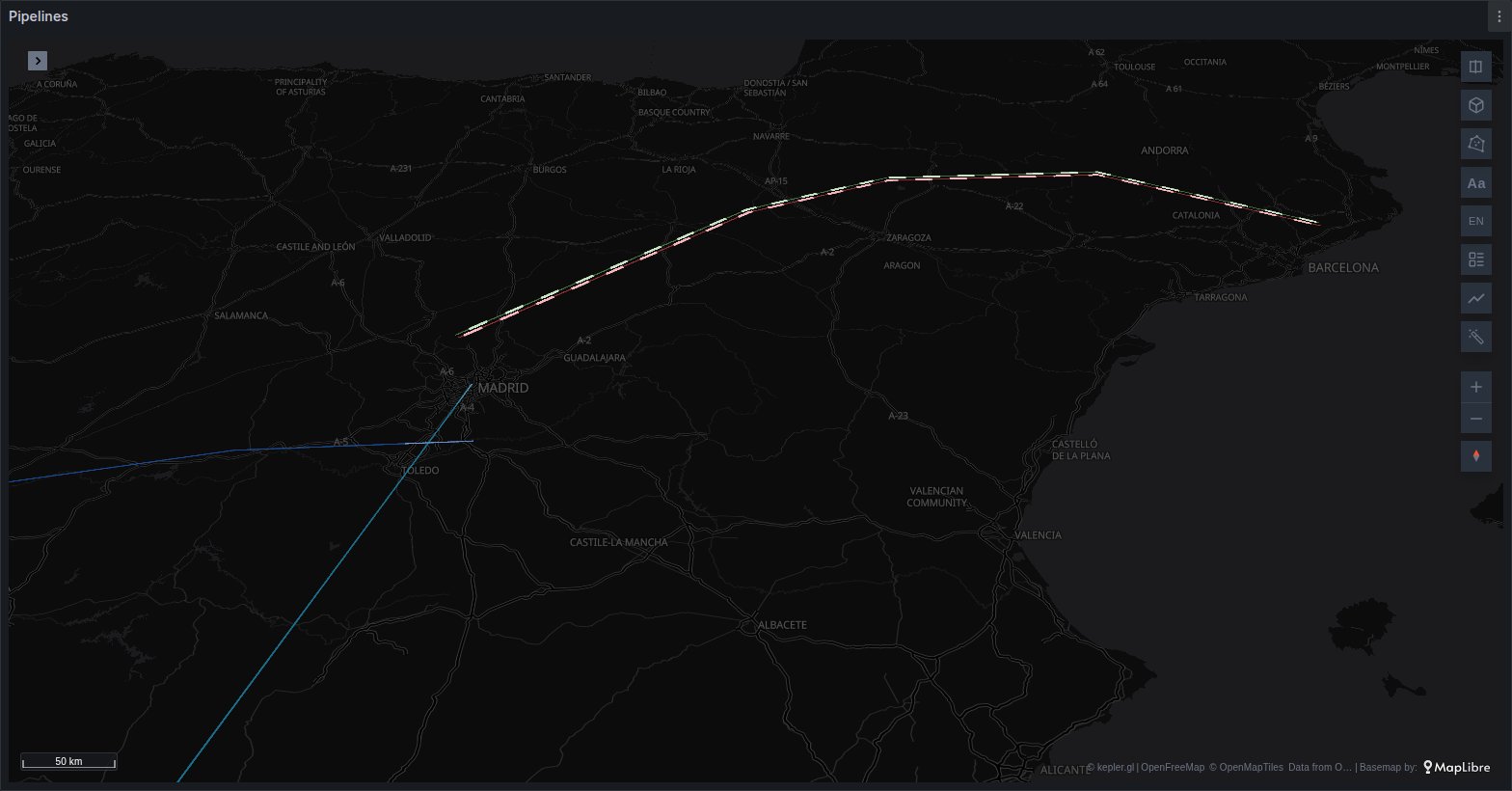 A gas line and a power line drawn as Pipeline layers along their real routes across Spain