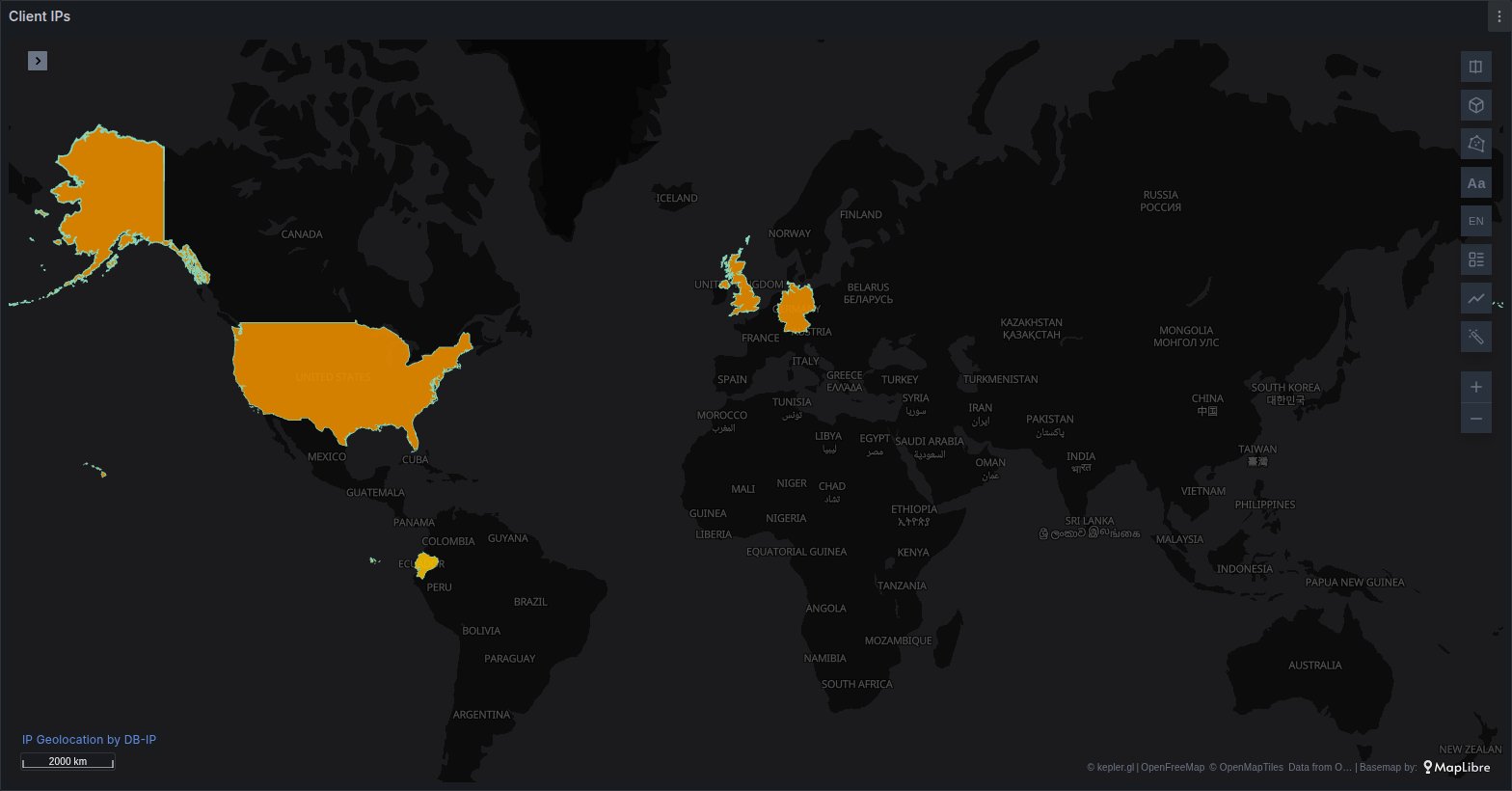Client IPs drawn as a choropleth by country, counted in the browser