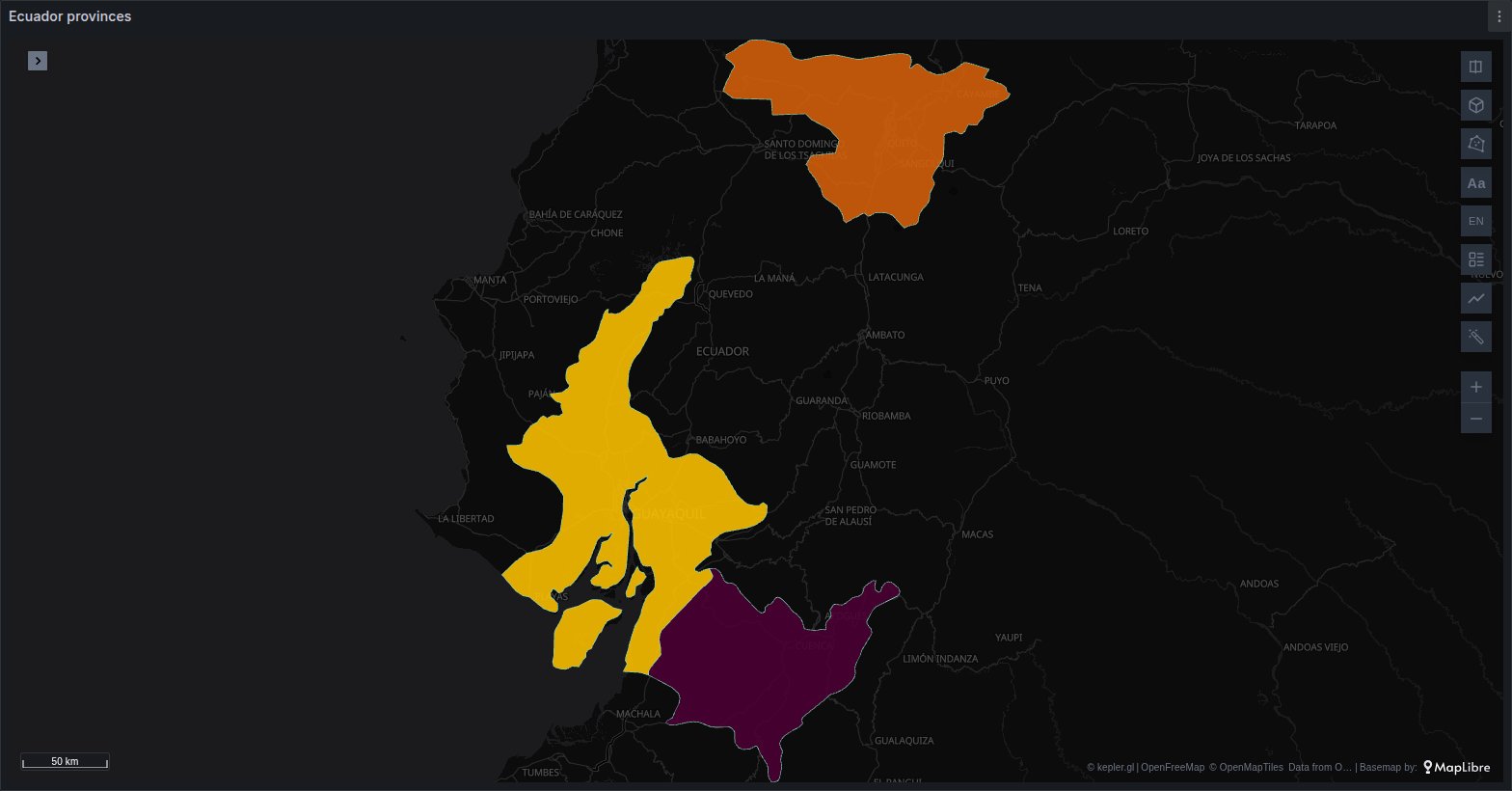 Three provinces of Ecuador drawn as a choropleth: Pichincha, Guayas and Azuay, each filled in its own colour