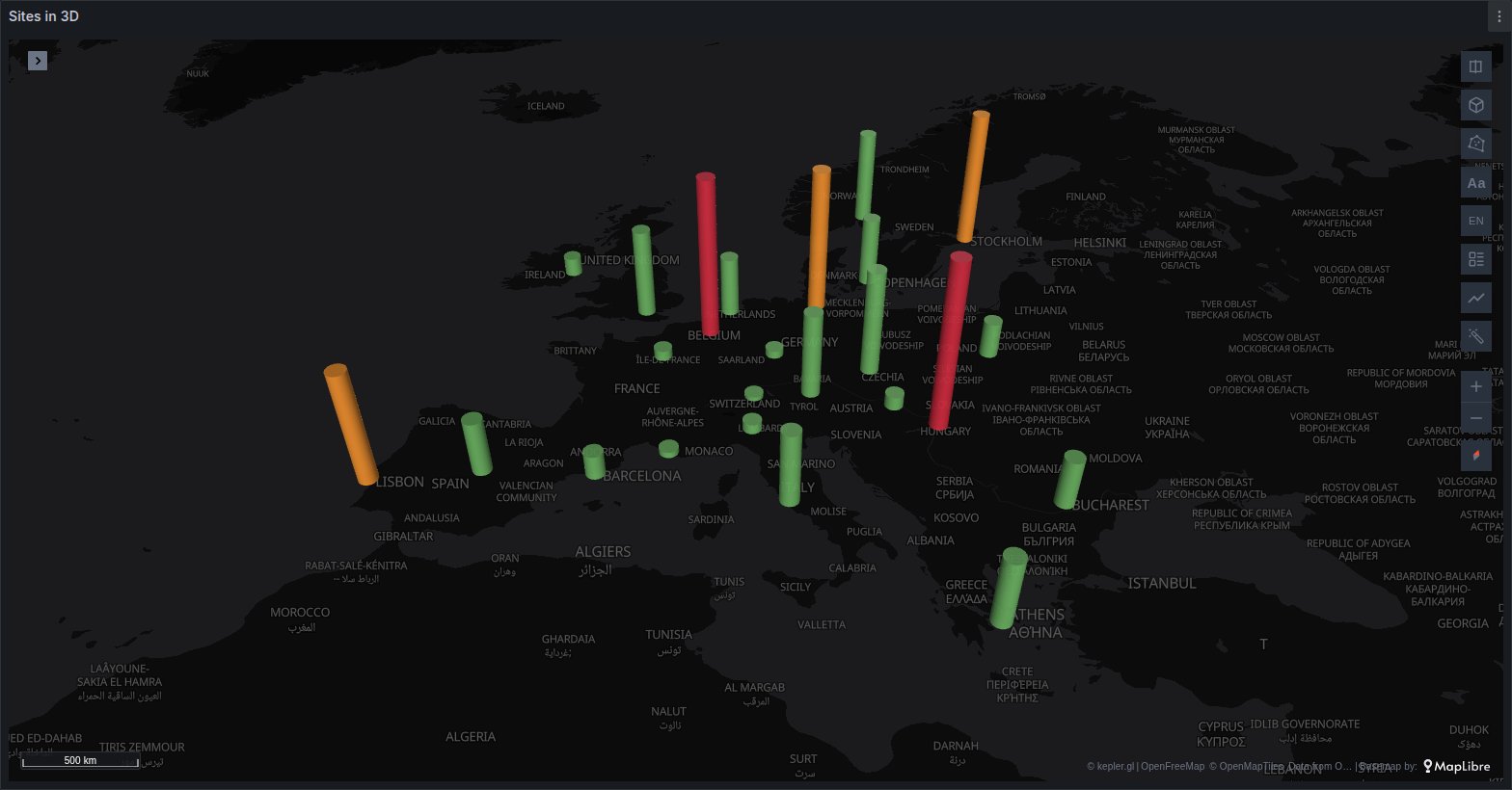 Utilisation per European city as 3D cylinders, their height and colour from the metric