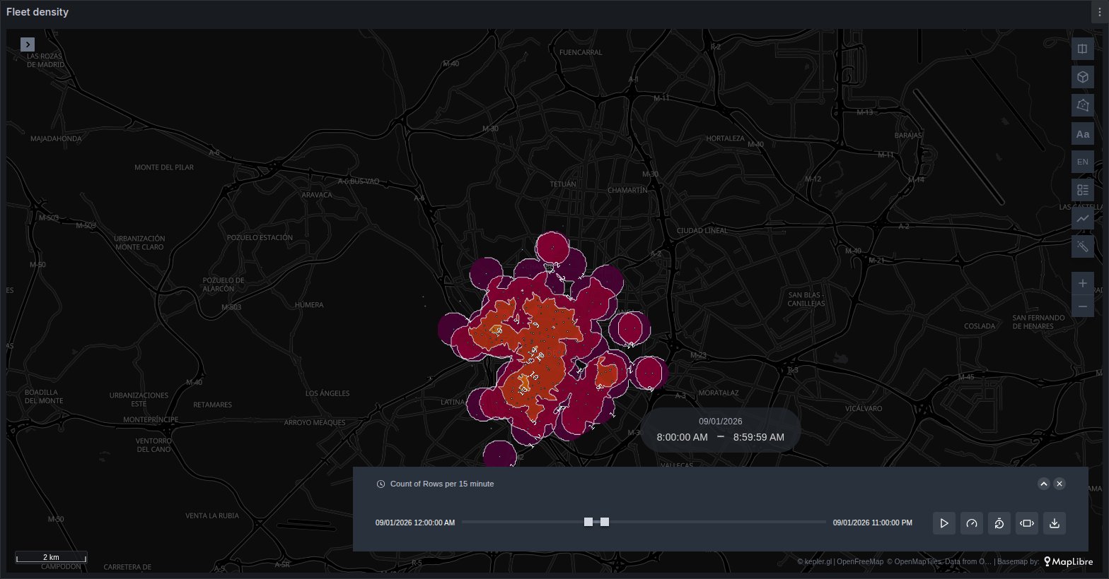 Vehicles within 500 m in Madrid drawn as coloured bands with isolines